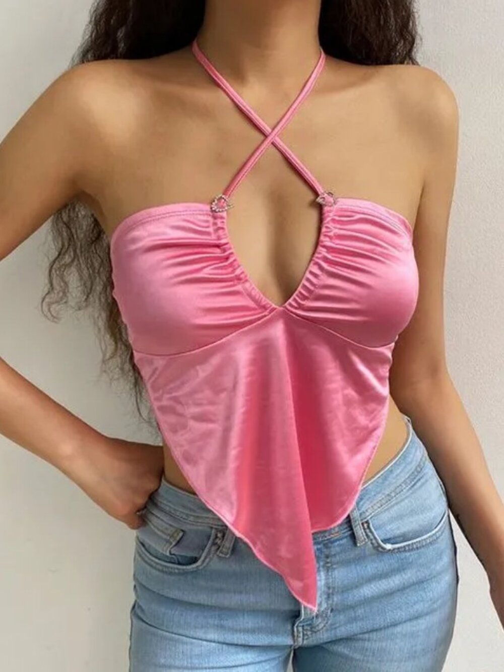 BNWT Pink Satin Rhinestone Heart Halter Bandana Crop Top Y2K Barbiecore M